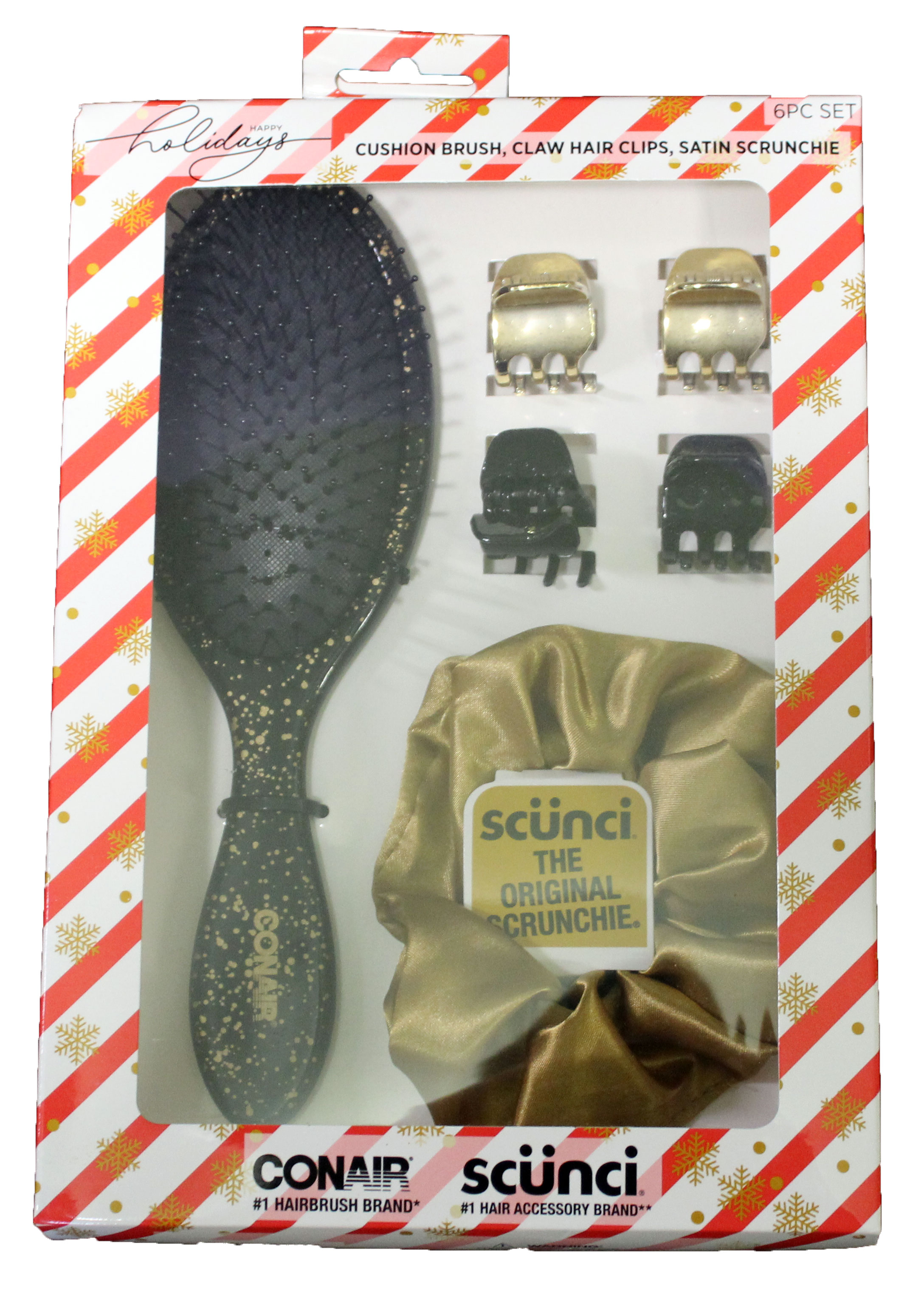 Conair + Scunci Cushion Brush, Claw Hair Clip, Satin Scrunchie Happy Holidays Set