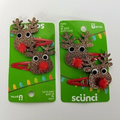 Lot of 2 Scunci Holiday Christmas Brown Glitter Reindeer Hair Snap Clips New