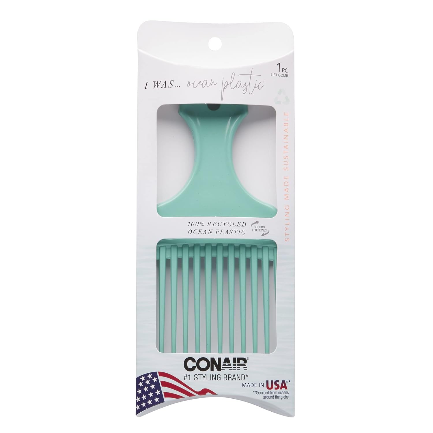 Conair Earth-Friendly Planet Upcycled Toothed Hair Pick Comb Mint-Green UPC:074108931122 Pack:48/3