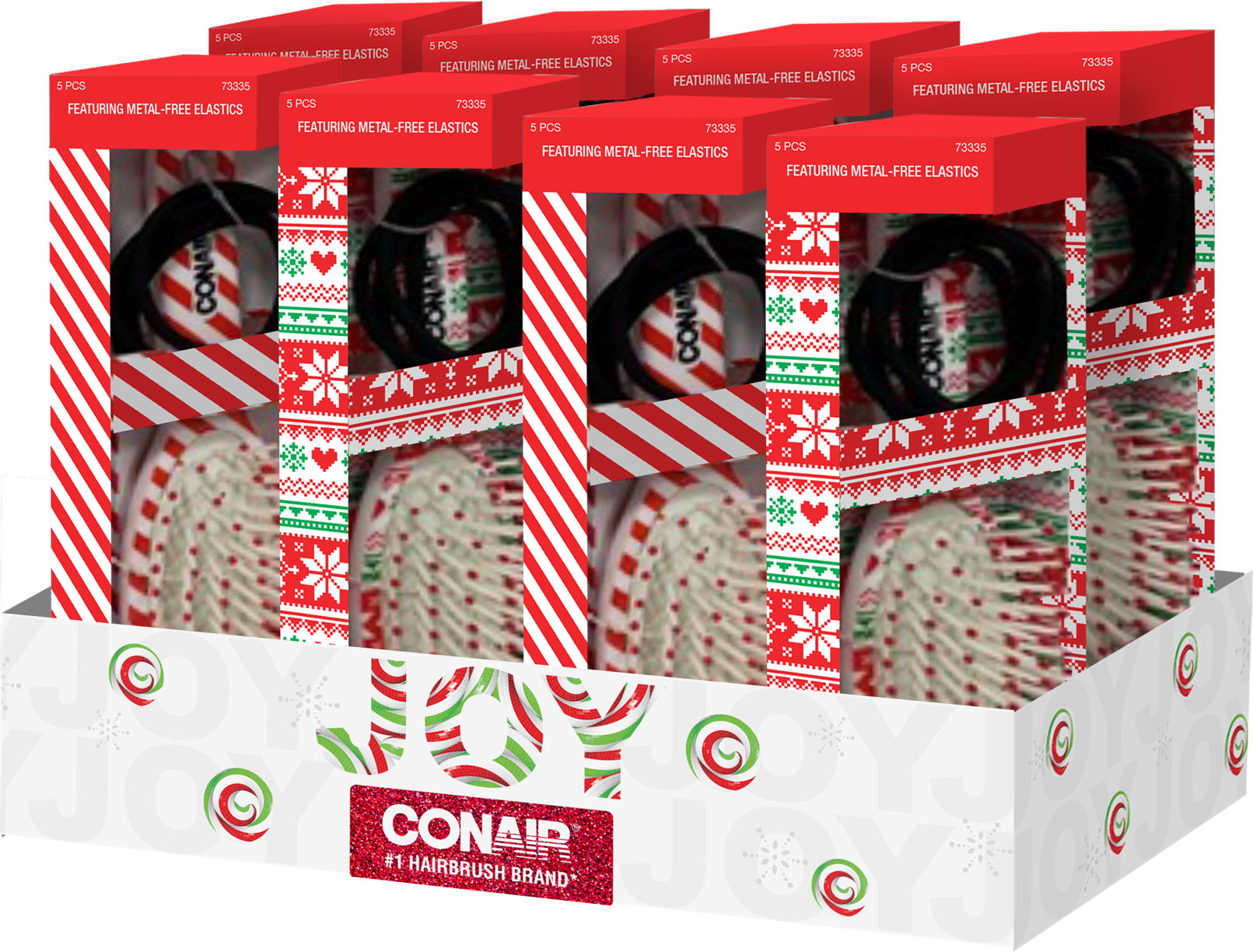 CONAIR 8 PC COUNTER DISPLAY OF MID SIZE HOLIDAY PRINT BRUSH (73334; 73335)