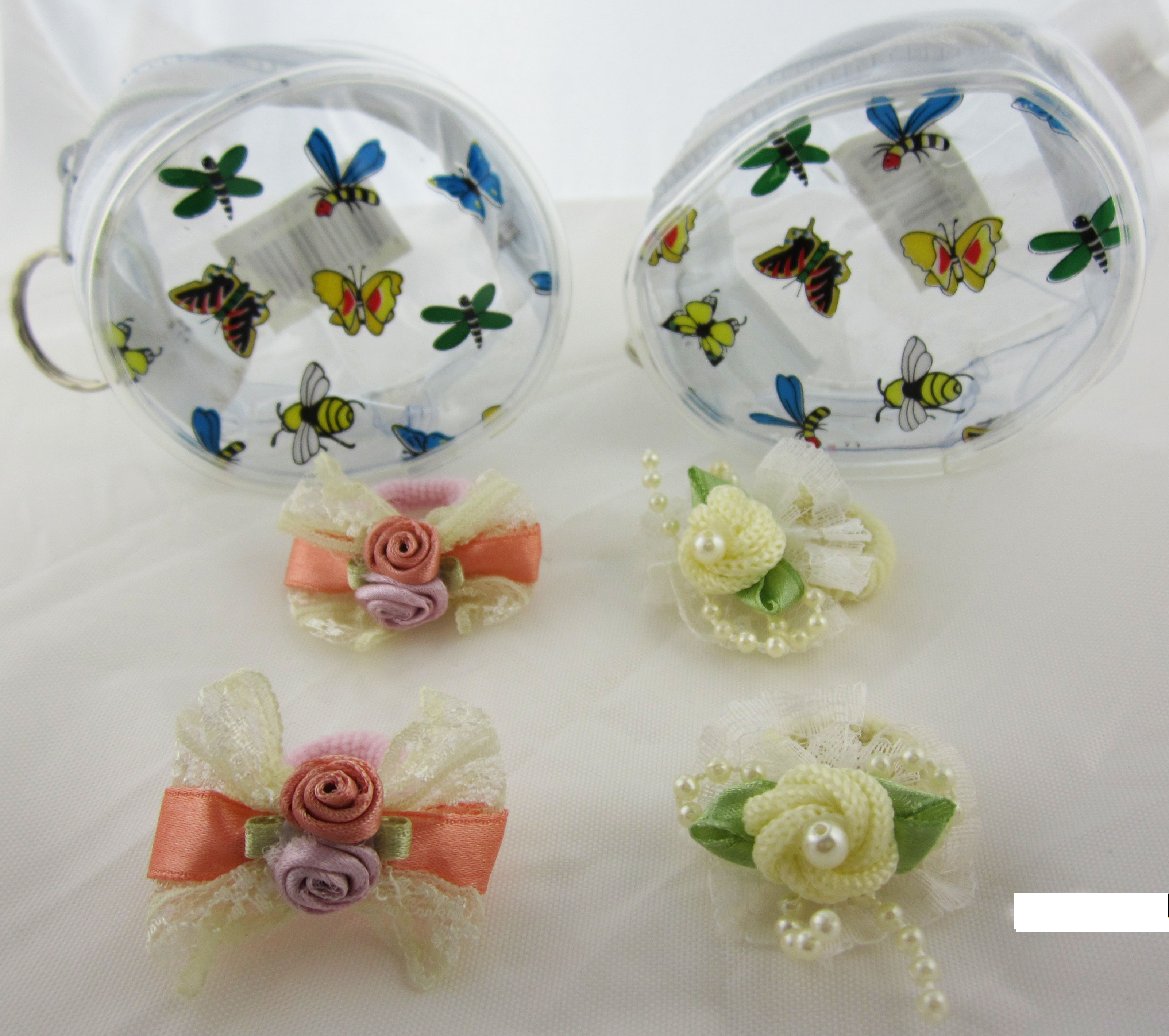 Elegantly Charming Floral Hair Tie w/Lace, Ribbon & Pearls - Set w/Pouch