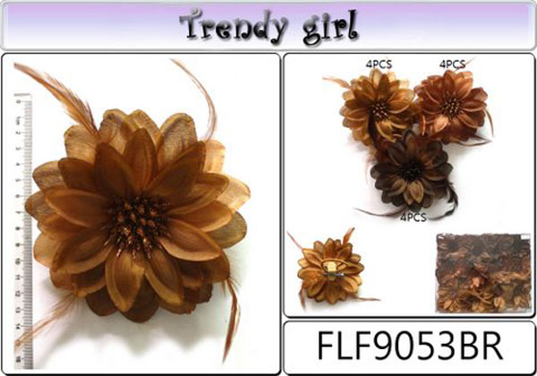 ♥ Warm Tone Floral Clip/Tie/Pendant w/Feathers, FLF9053BR