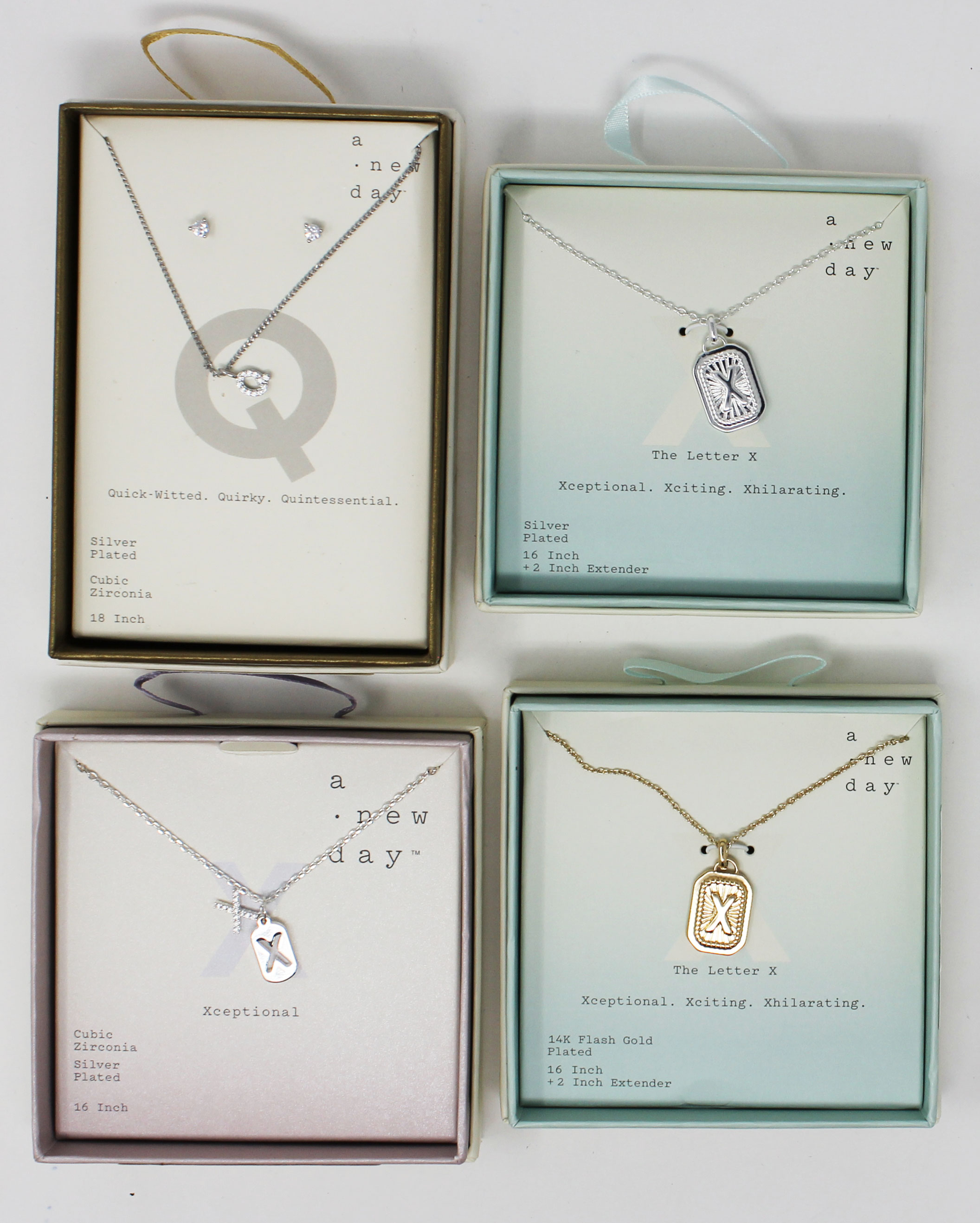 "Q" QUICK WITTED. QUIRKY. QUINTESSENTIAL. SILVER PLATED CUBIC ZIRCONIA 18 INCH NECKLACE SET MIX ASST