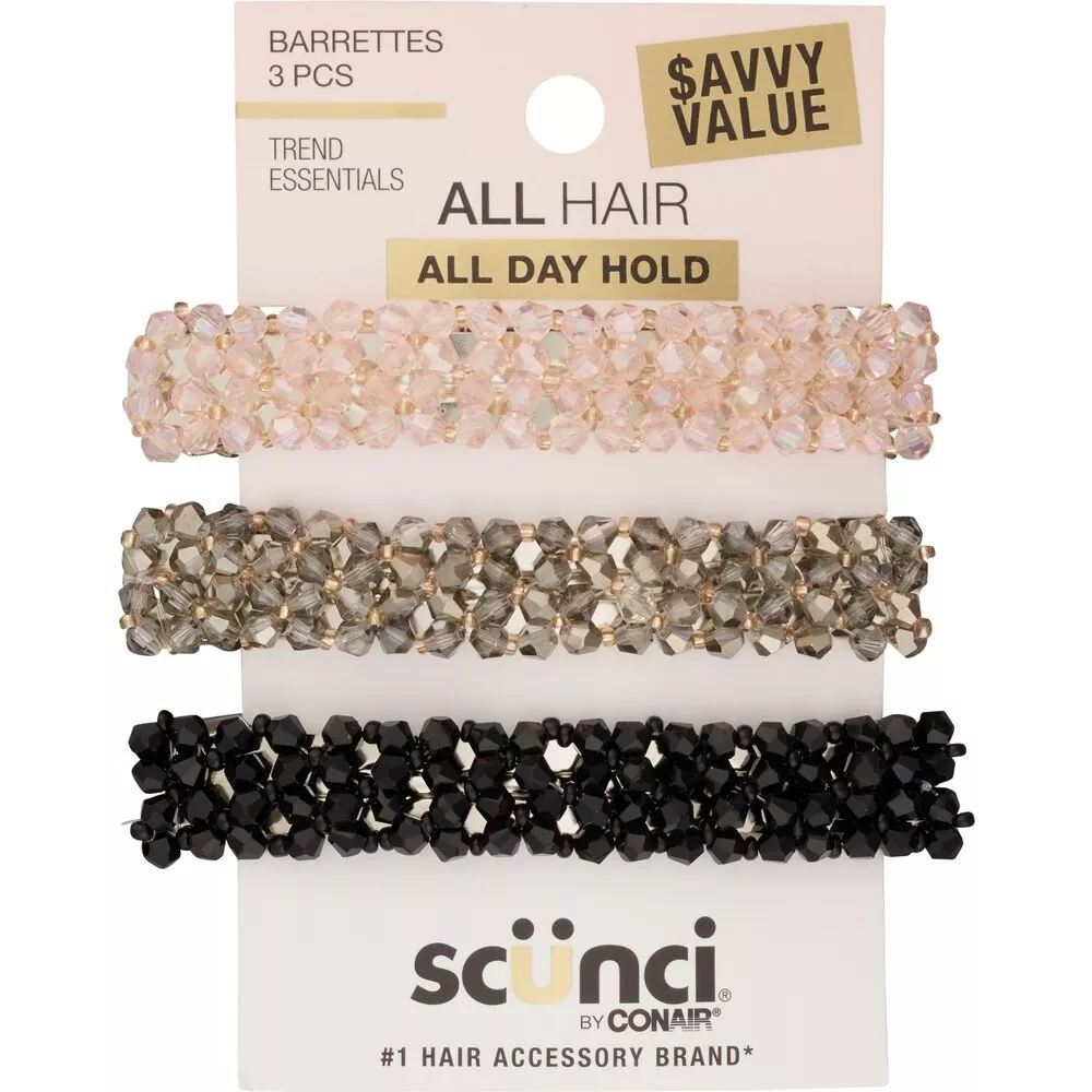 Scunci All Hair All Day Hold Beaded Barrettes, Assorted Colors, 3-Pieces