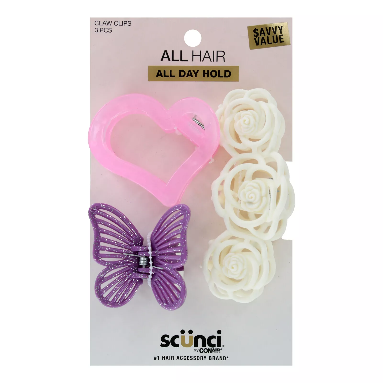 Scunci All Hair All Day Hold Claw Hair Clips, Assorted Colors, 3-Pieces