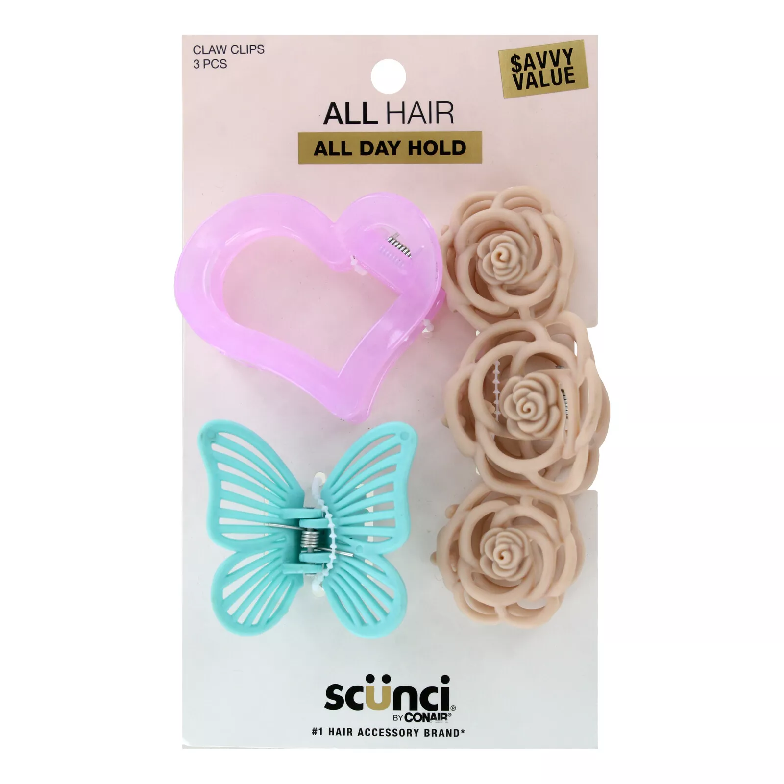 Scunci All Hair All Day Hold Claw Hair Clips, Assorted Colors, 3-Pieces