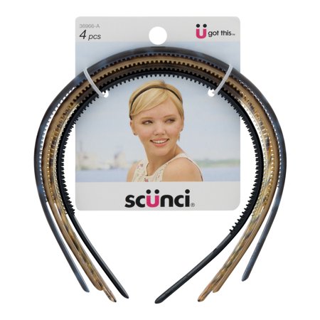 Scunci Effortless Beauty Skinny Plastic Headbands, Assorted Colors, 4-Count