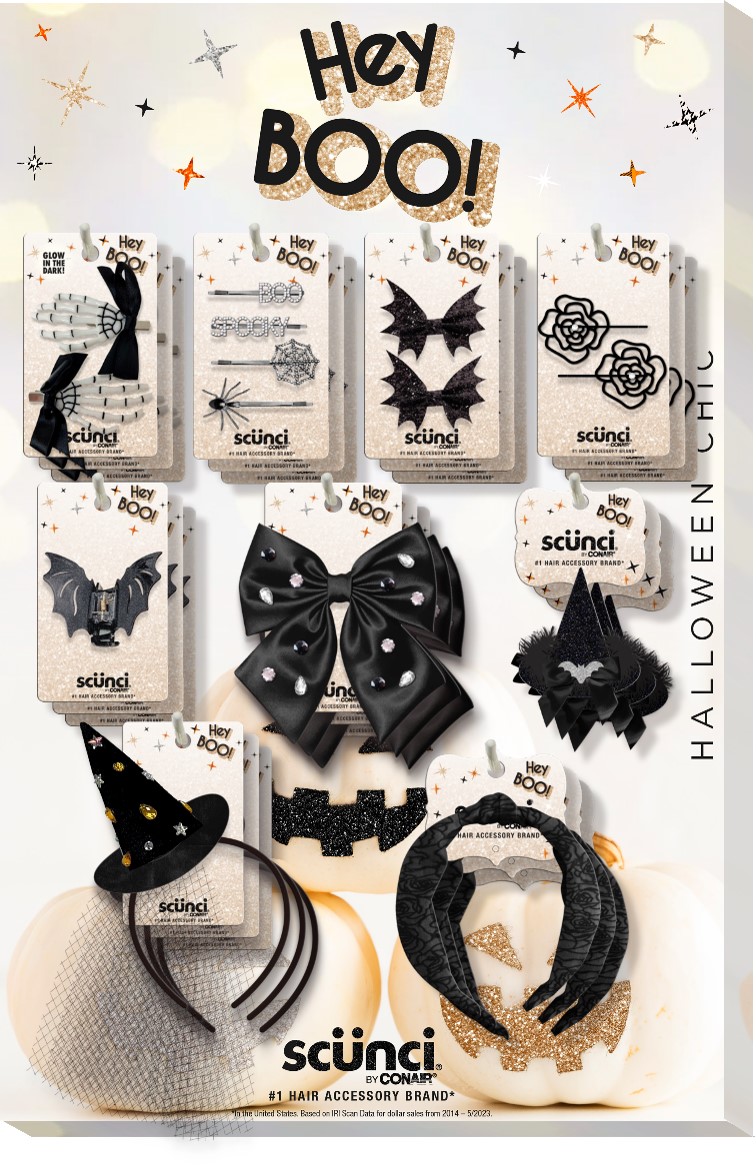ITEM#1118201F001 SCUNCI 30 PIECE GLAM HALLOWEEN HAIR ACCESSORIES HALF SIDE RACK DISPLAY