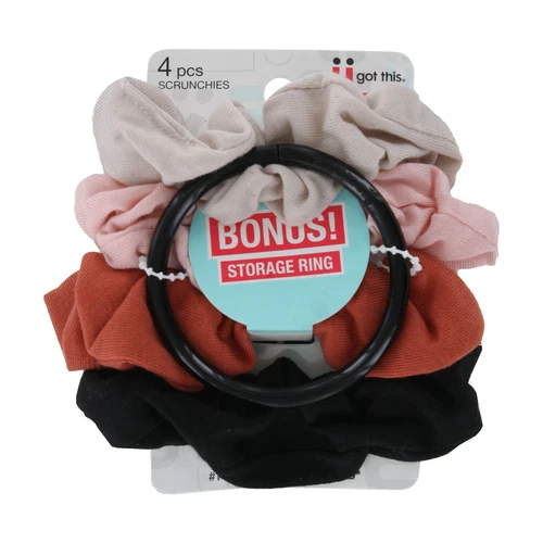 Scunci No Damage 4-Piece Hair Scrunchies Set with BONUS Storage Ring, Seamless