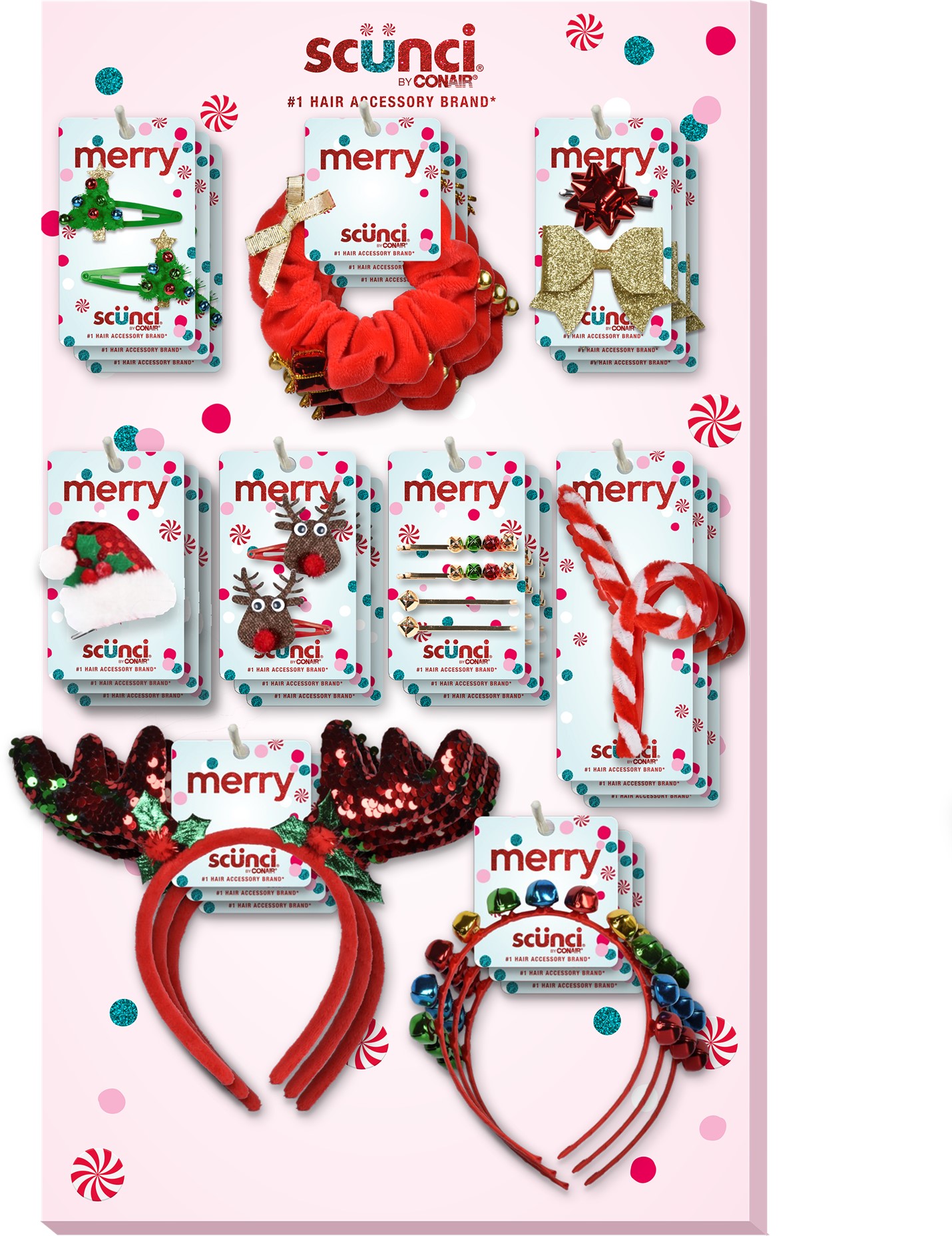 SCUNCI HOLIDAY NOVELTY 28 PC HAIR ACCESSORIES W/ BASE