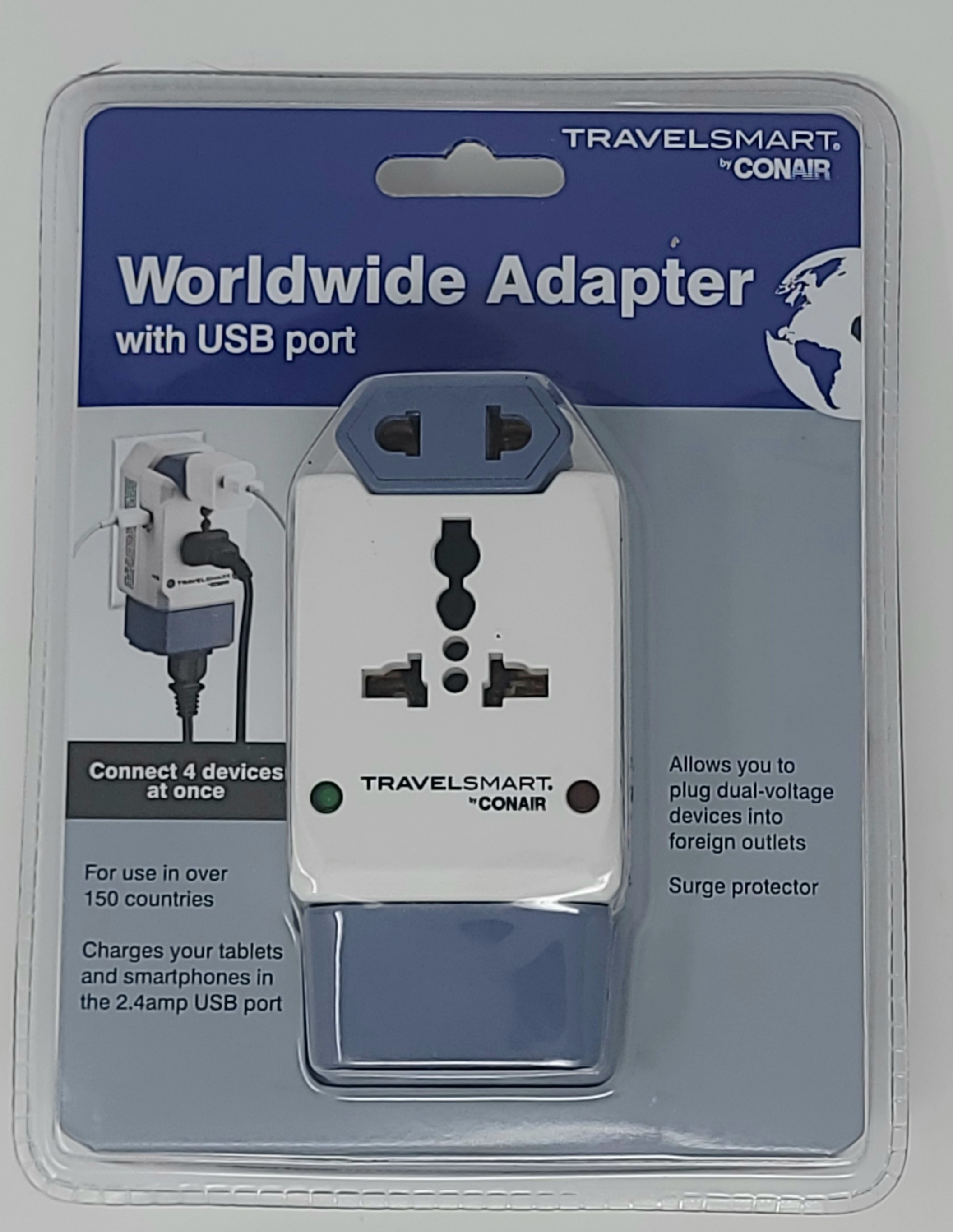 Travel Smart All-In-One Adapter with USB; 3 Outlets; US, Europe, UK, Italy, Spain, China