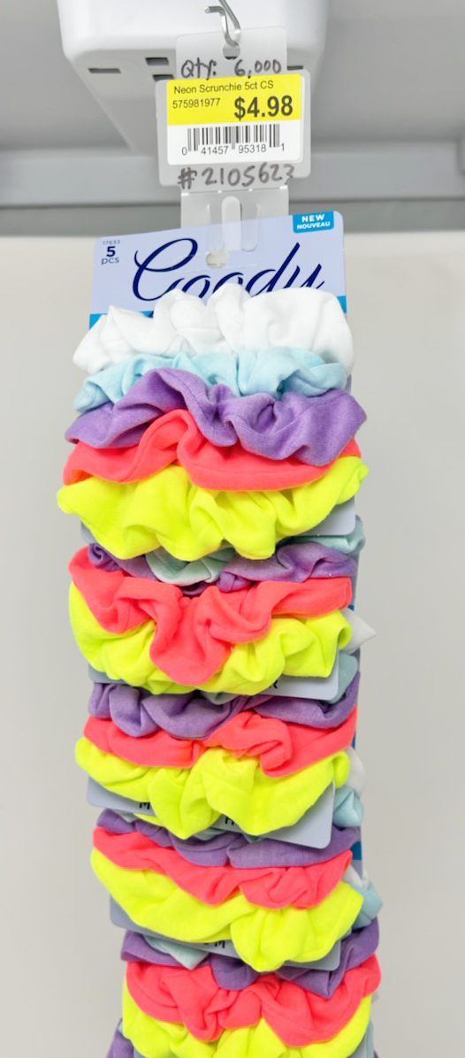 GOODY 5 PACK COTTON SCRUNCHIES ON A 12 UNIT CLIP STRIP DISPLAY - 4.98 WALMART RETAIL UPC 0414571763 - Click Image to Close