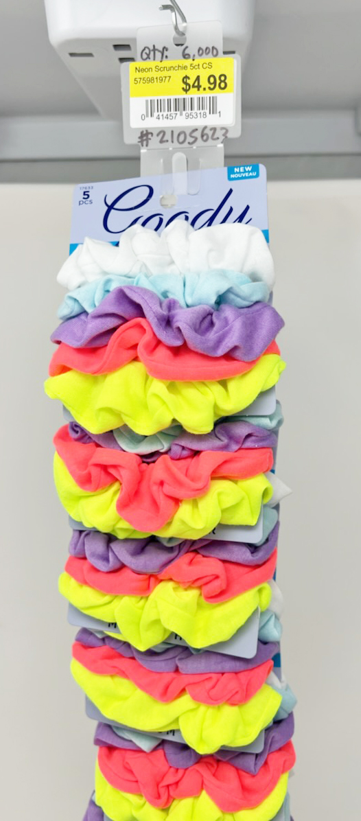 GOODY 5 PACK COTTON SCRUNCHIES ON A 12 UNIT CLIP STRIP DISPLAY - 4.98 WALMART RETAIL UPC 0414571763