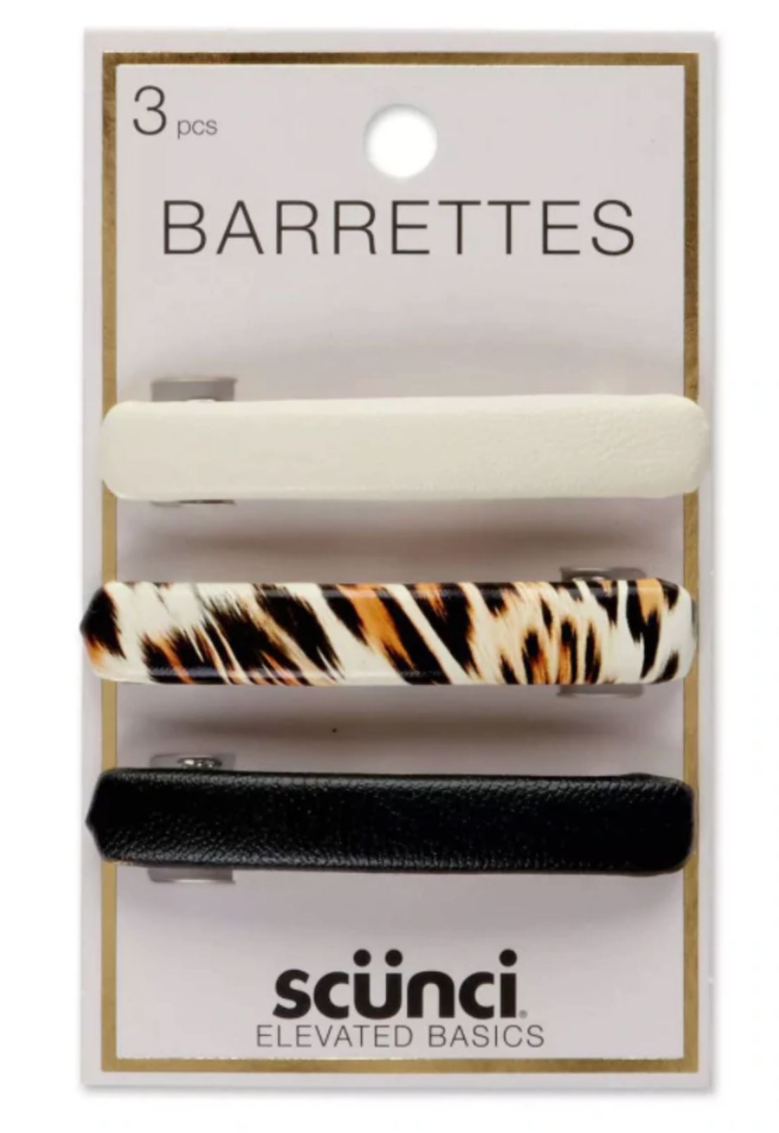 Scunci Elevated Basics Barrettes - Tan/Leopard/Black - 3pcs UPC 043194350506 - Click Image to Close