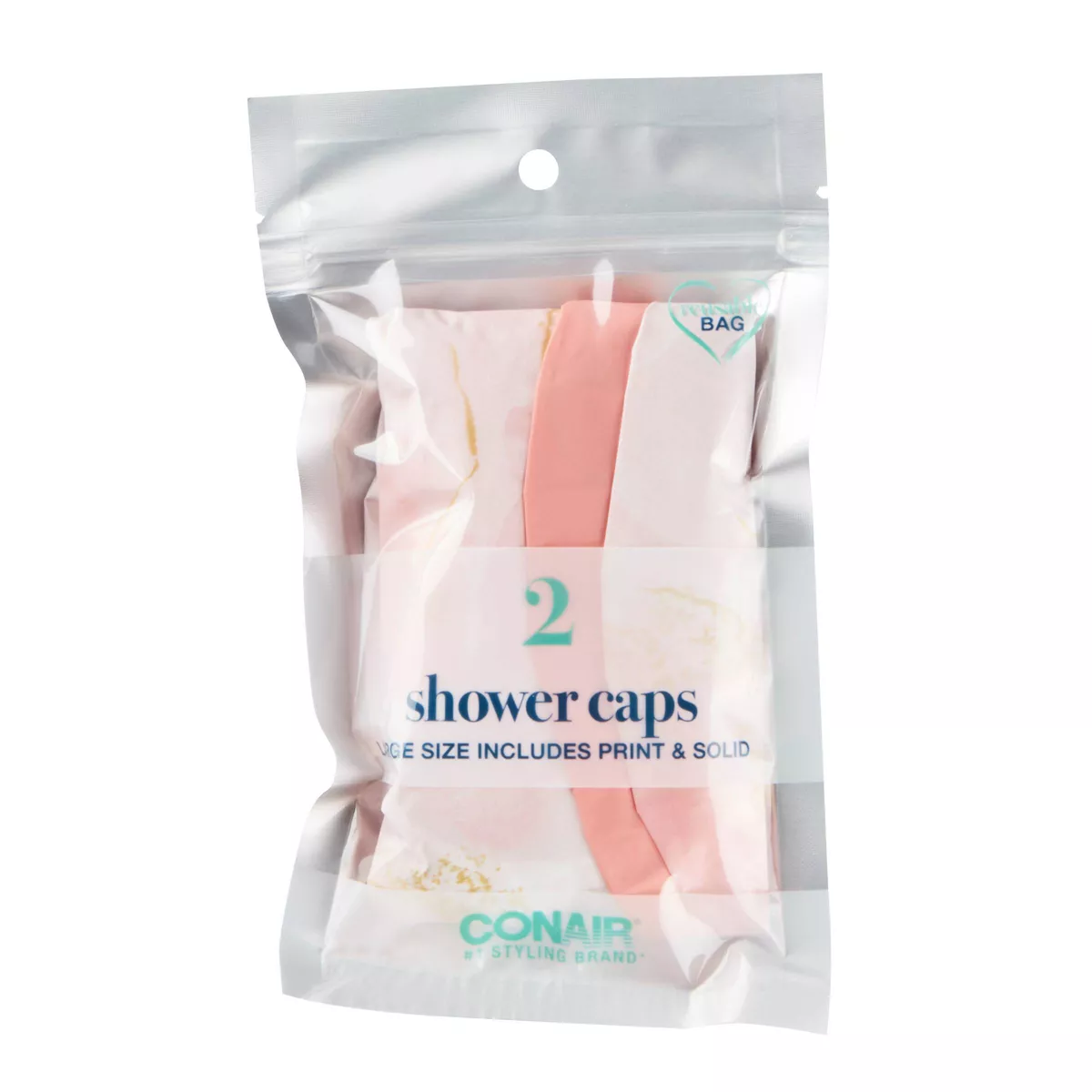 Conair Standard Size Elastic Edge Shower Cap Set - Solid and Print - 2pk