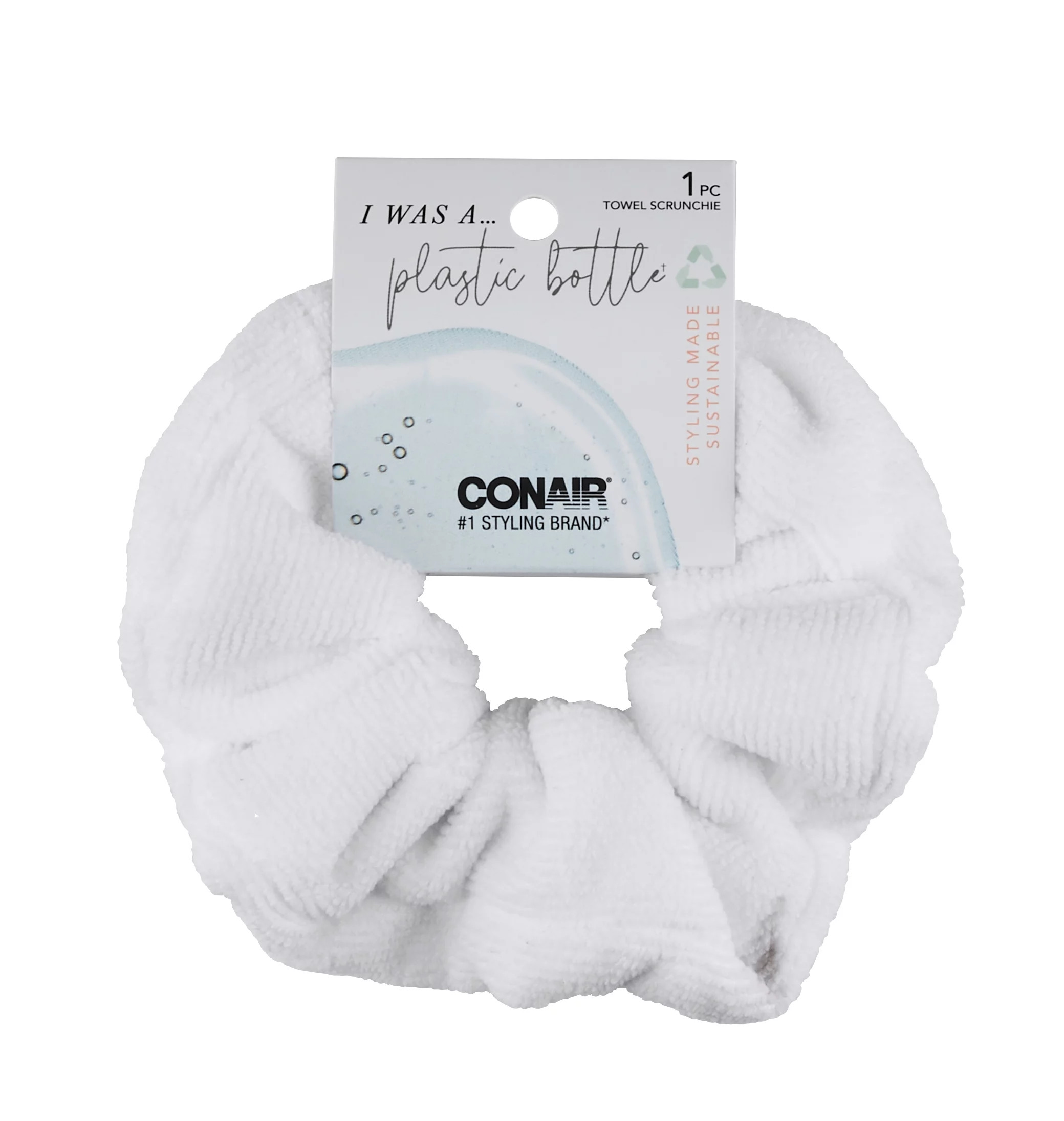 Conair Earth-Friendly Planet Upcycled Soft Terry Towel Scrunchie Hair Tie, White UPC:074108559104