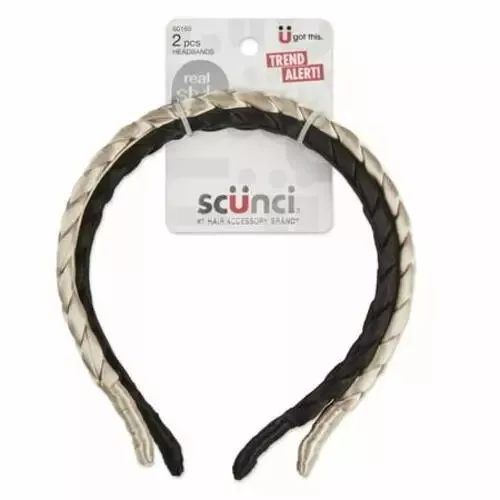Scunci Real Style Braided Satin Headbands, Black and Gold, 2-Count
