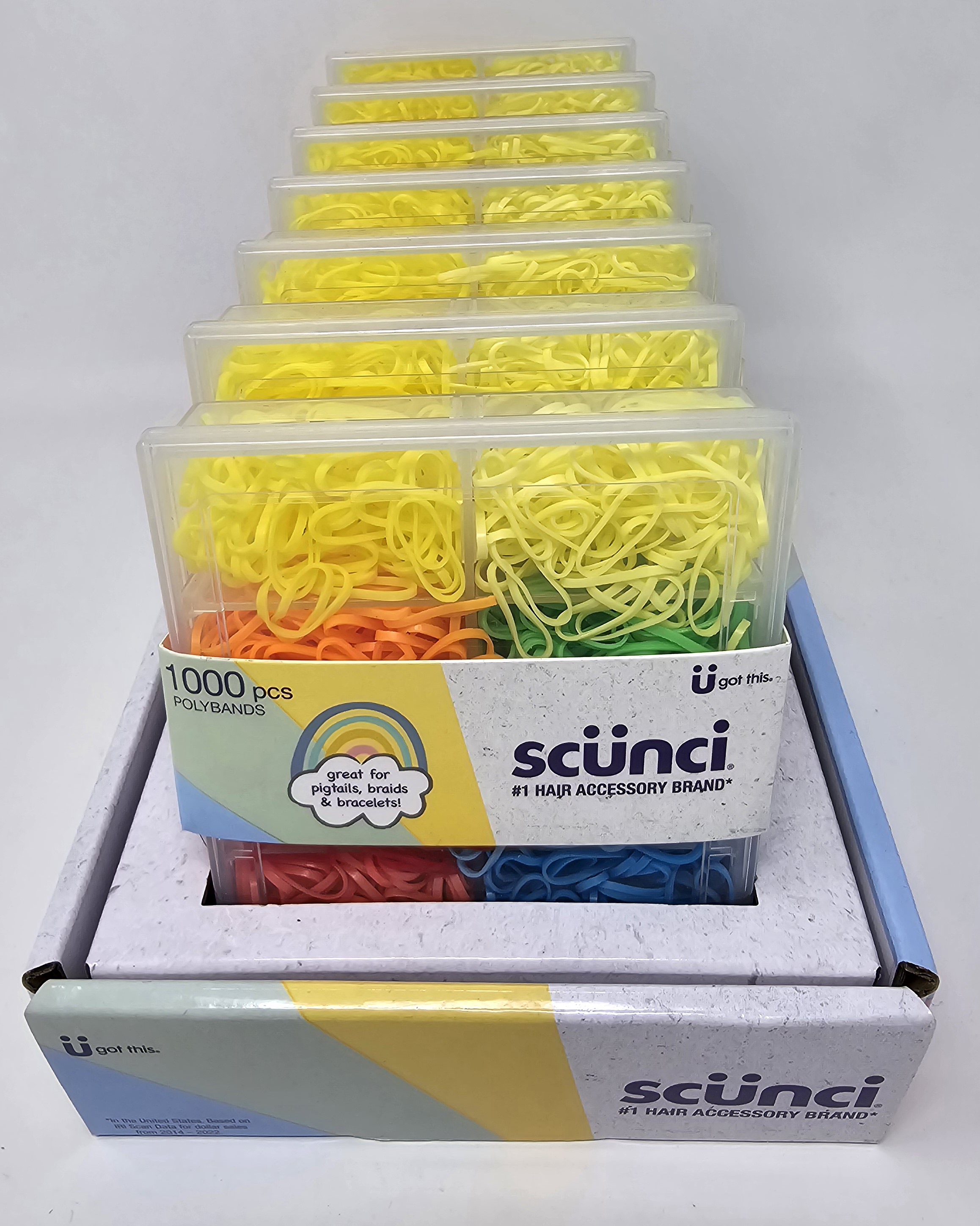 SCUNCI NO DAMAGE POLYBANDS IN REUSABLE CASE, 1000 POLYBANDS PER CASE. 7 UNITS PER PDQ DISPLAY - Click Image to Close