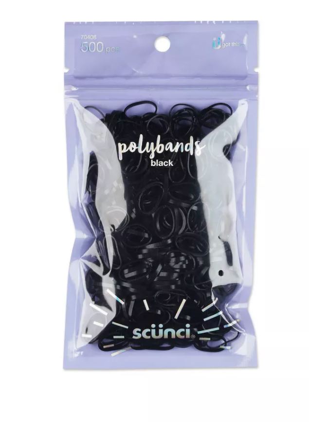 ITEM #7040803T048 SCUNCI 500 pk poly resealable bag - black tween PACK:48 (16-3's) -UPC 043194704088