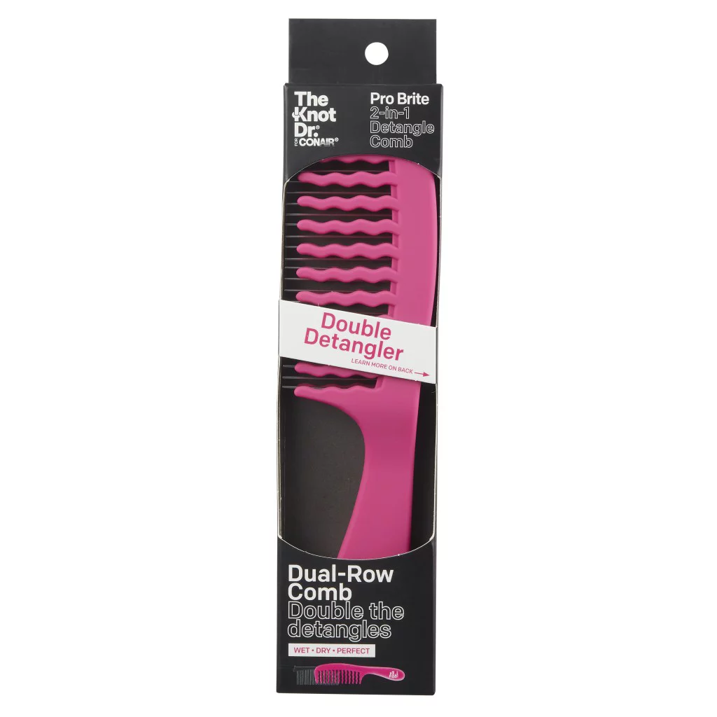 The Knot Dr. for Conair Double Detangler Comb with Removable Metal Teeth Pink