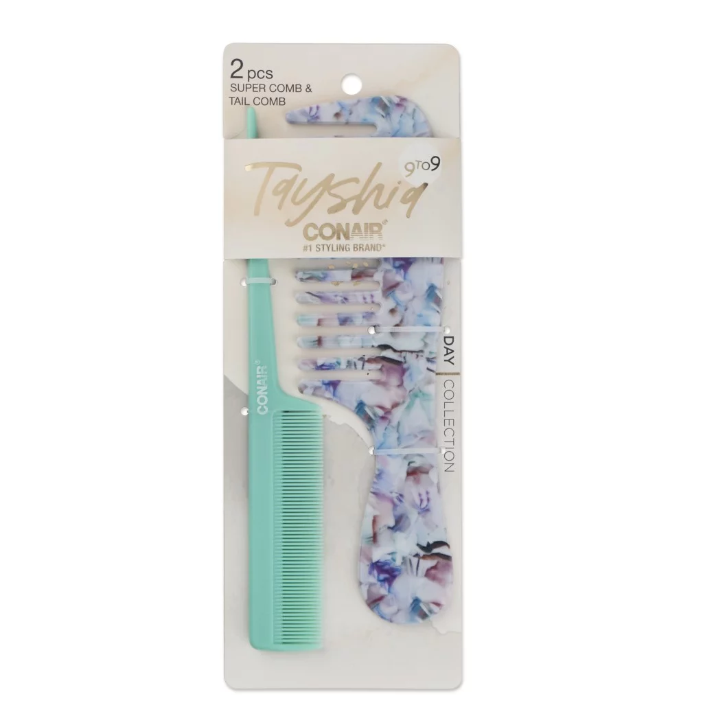 Tayshia by Conair Plastic Wide Tooth Hair Comb and Tail Comb, Blue Floral and Teal, 2 Ct UPC:0741089
