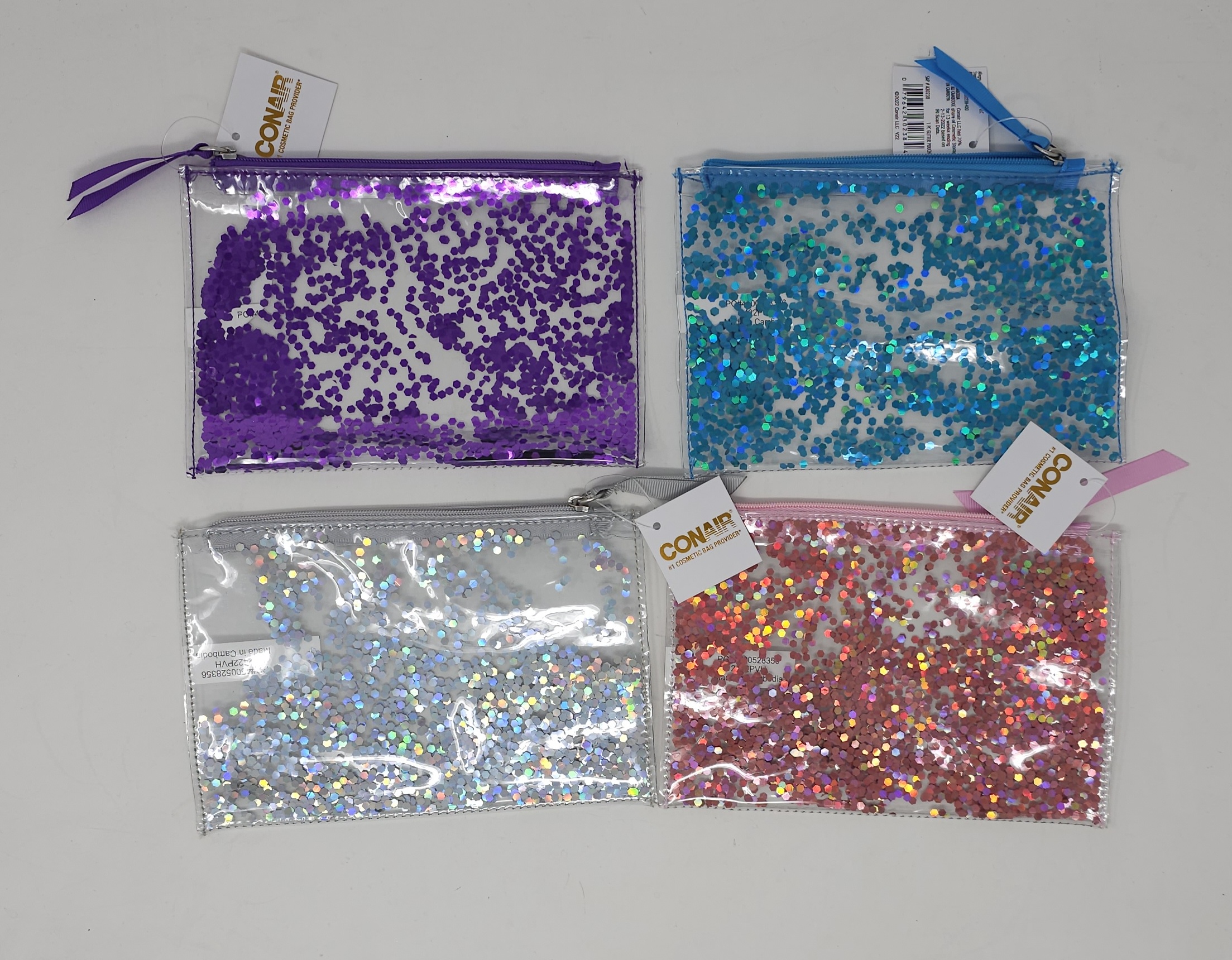 ABZ30257- SCUNCI GLITTER ZIPPER POUCHES. 7" x 4" OPEN x 5". 6 PIECES EACH COLOR PER CASE OF 24