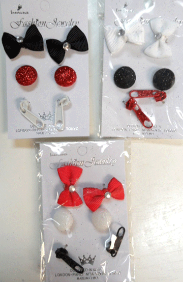 ♥ Glitter, Bows, Rhinestones&Zipper Earrings, P0400,6/Cd=7 - Click Image to Close