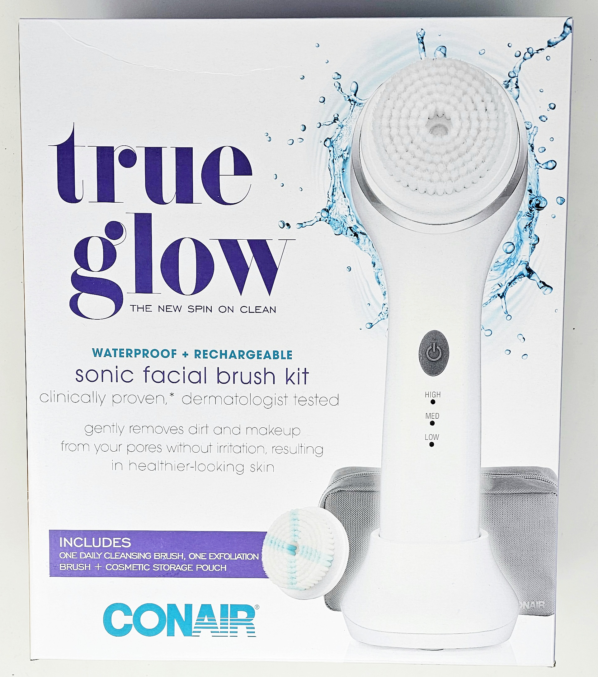 Conair True Glow Sonic Facial Brush Kit, Waterproof + Rechargeable w/2 Brush Heads & Cosmetic Pouch