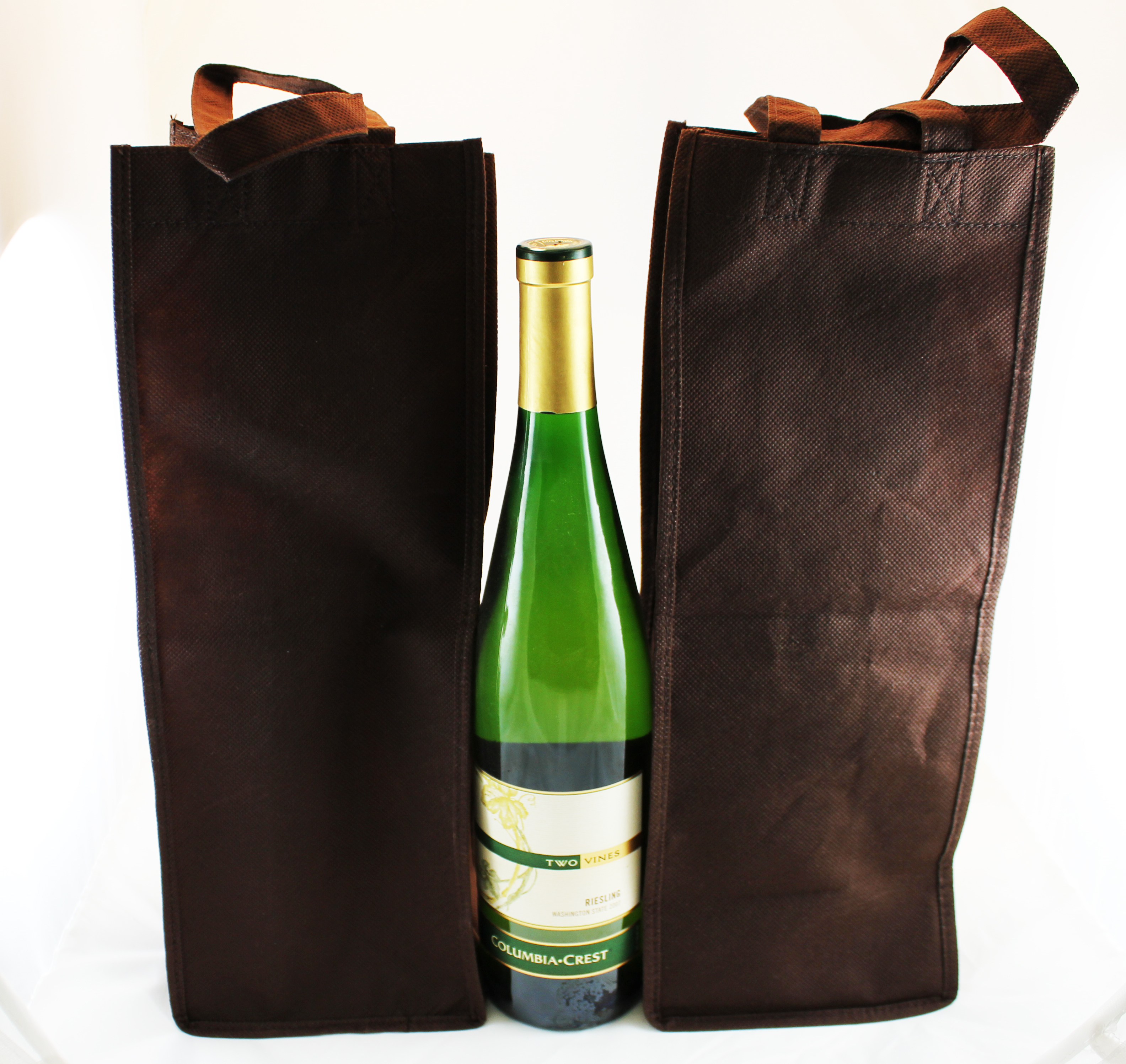 Brown wine totes with handles and pocket for bottle opener
